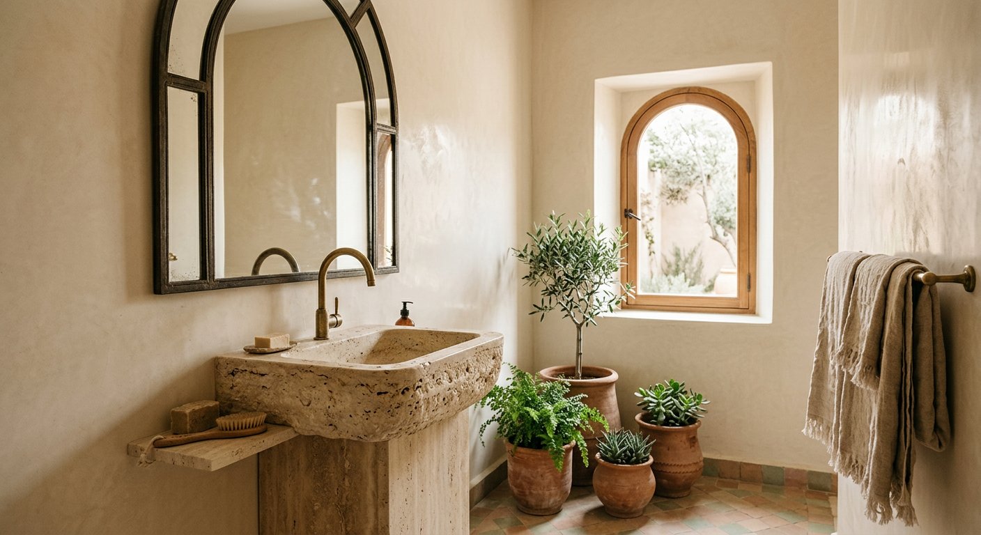Meuble de salle de bain Yasmine en travertin naturel